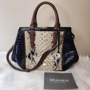 BRAHMIN Arden Satchel in Creme Carlisle Bag Blue/White Snake Embossed EUC